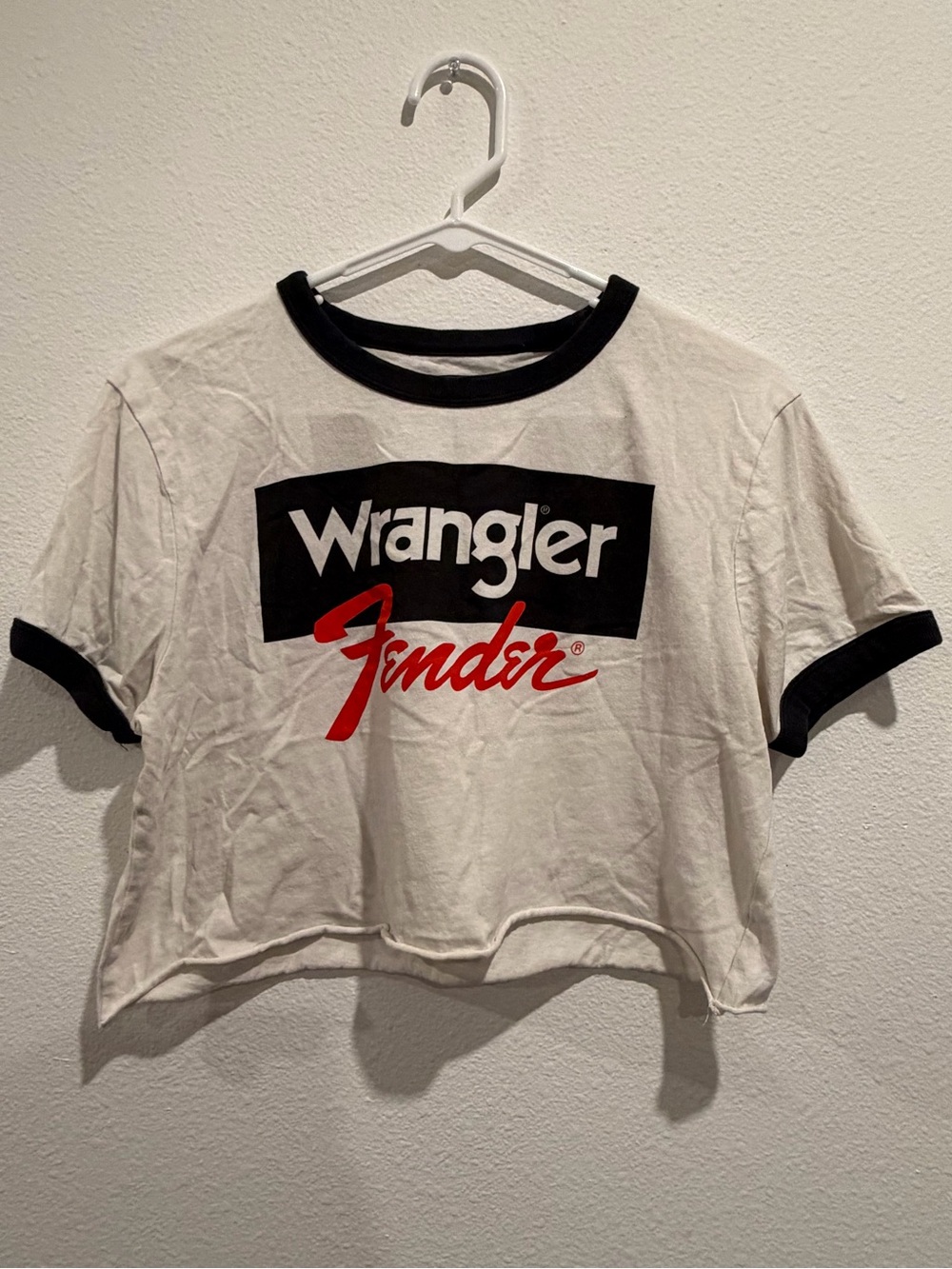 Wrangler White Crop Ringer Tee with Black Trim and Red Logo